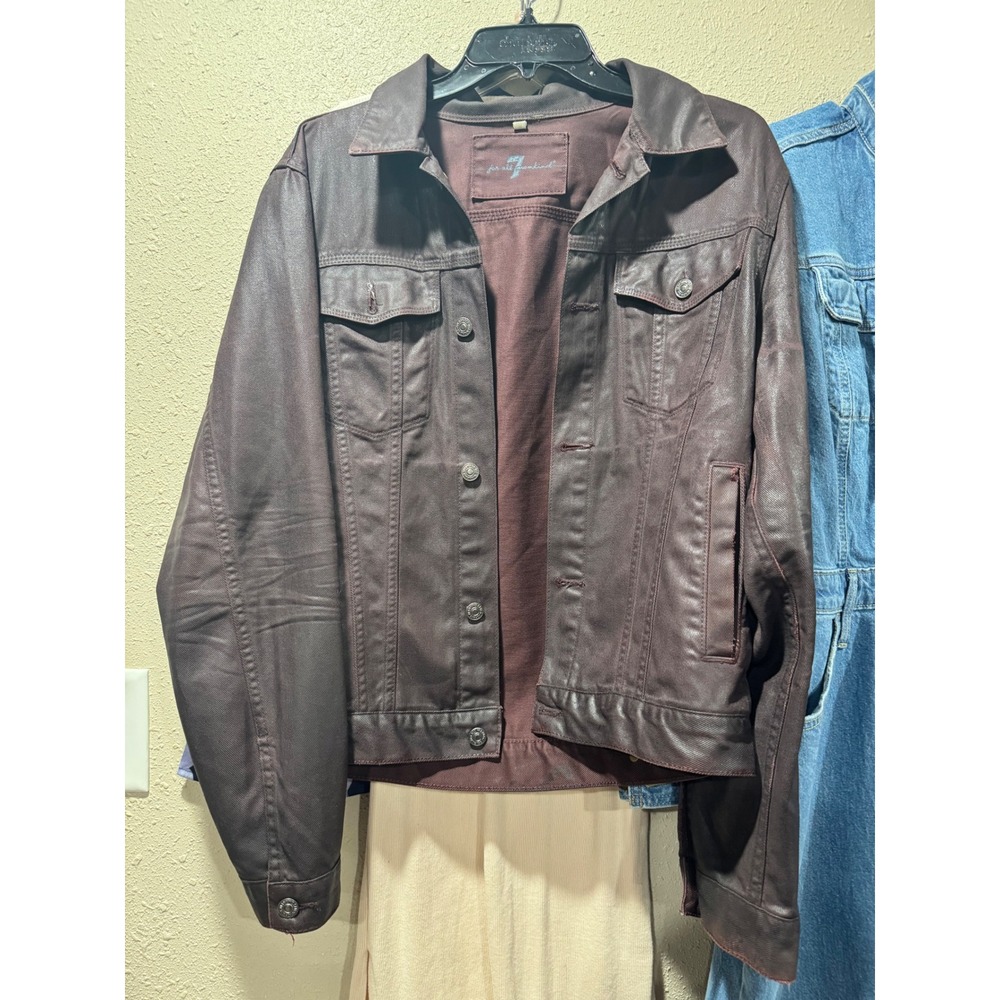 7 For All Mankind Burgundy Coated Denim Trucker Jacket Women Small Waxed Finish